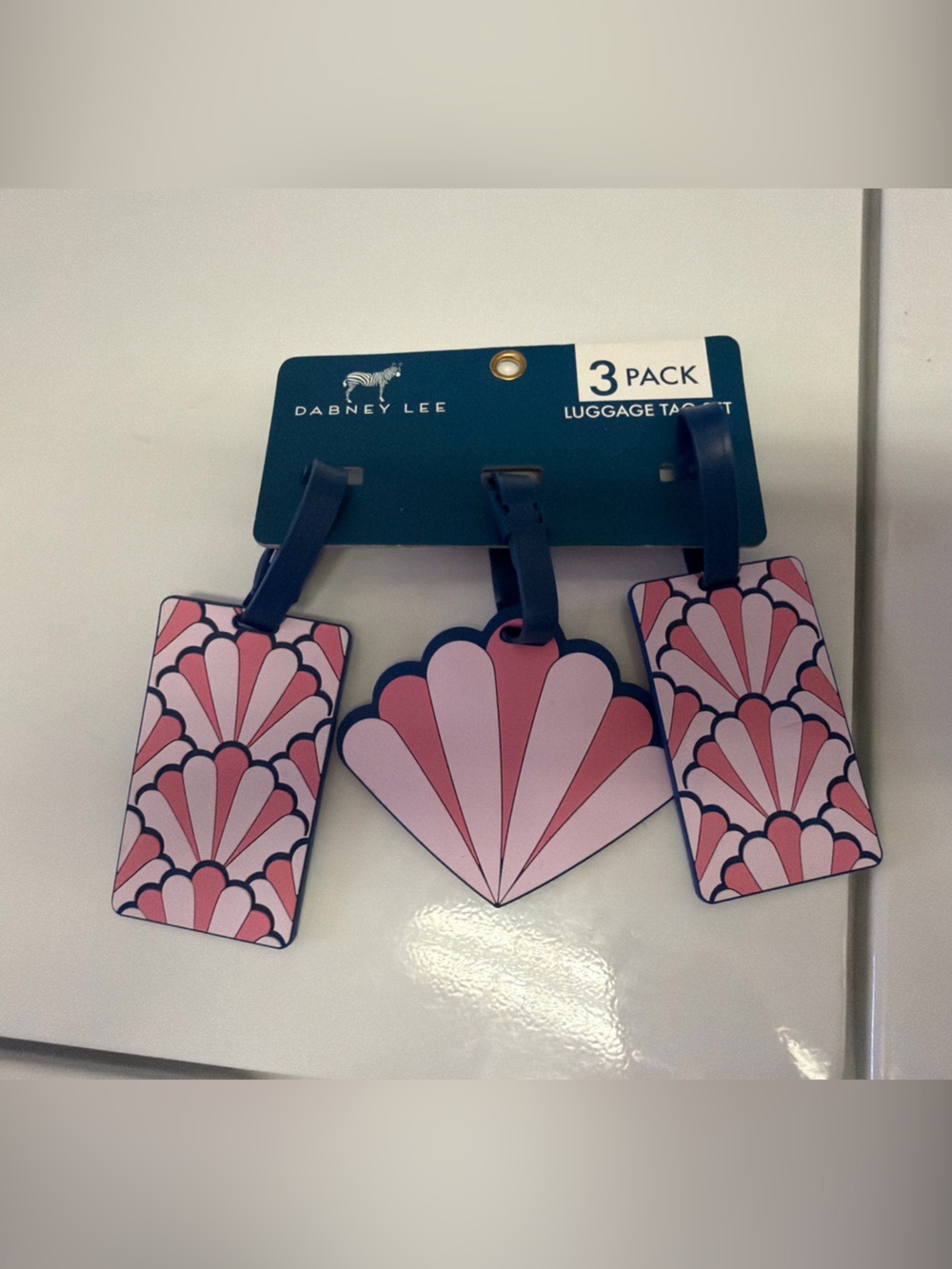 Dabney Lee Pink Scallop Kids Luggage Tag Trio with Navy Straps